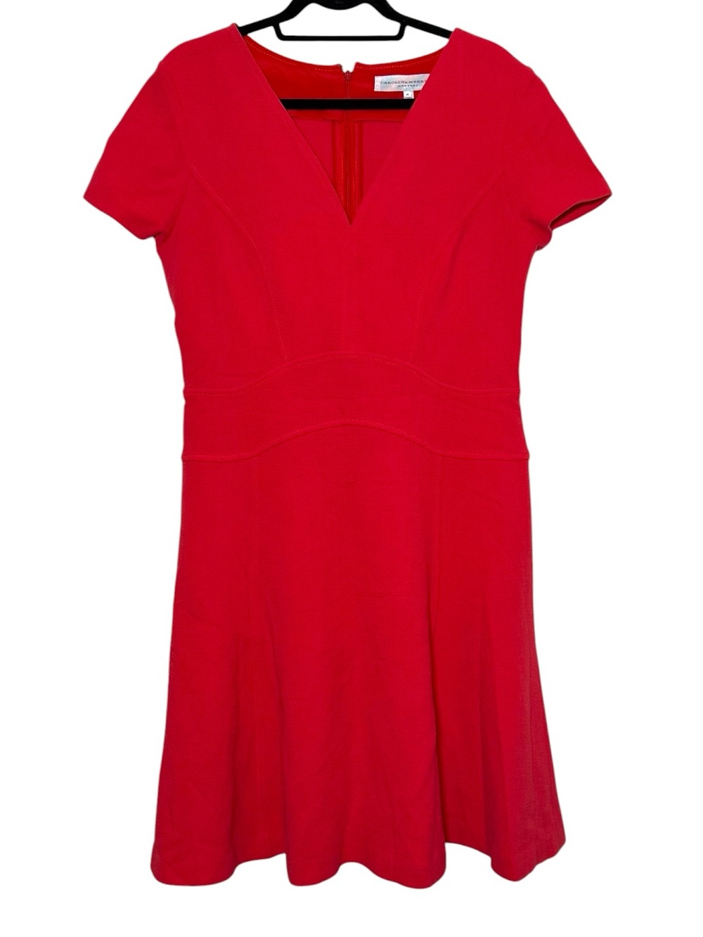 Carolina Herrera Dress Size 14 Red Wool V Neck Short Sleeve Italy‎